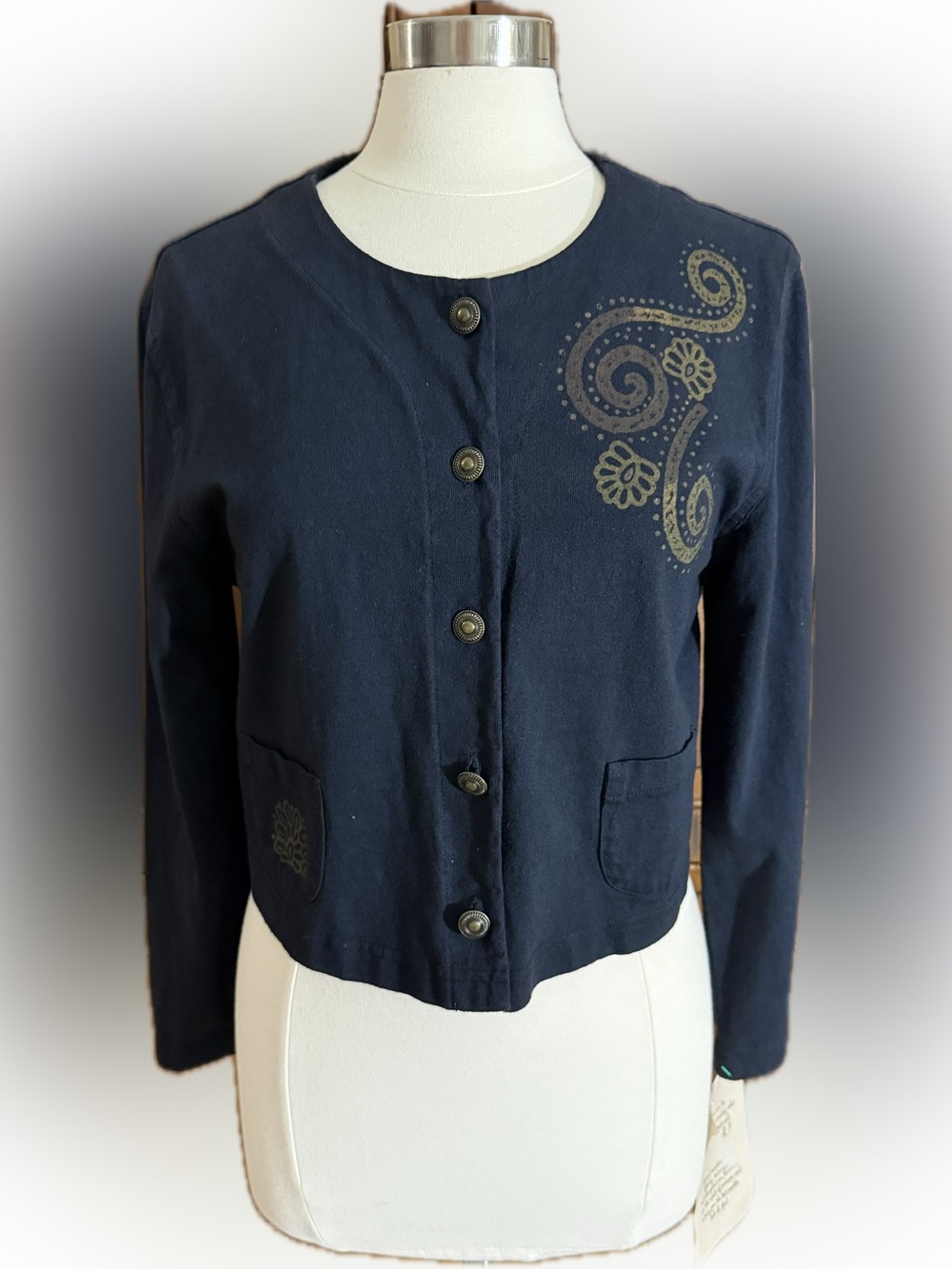 VTG 90s Earth Song Black Cotton Knit Art to Wear Cropped Boxy Jacket Medium